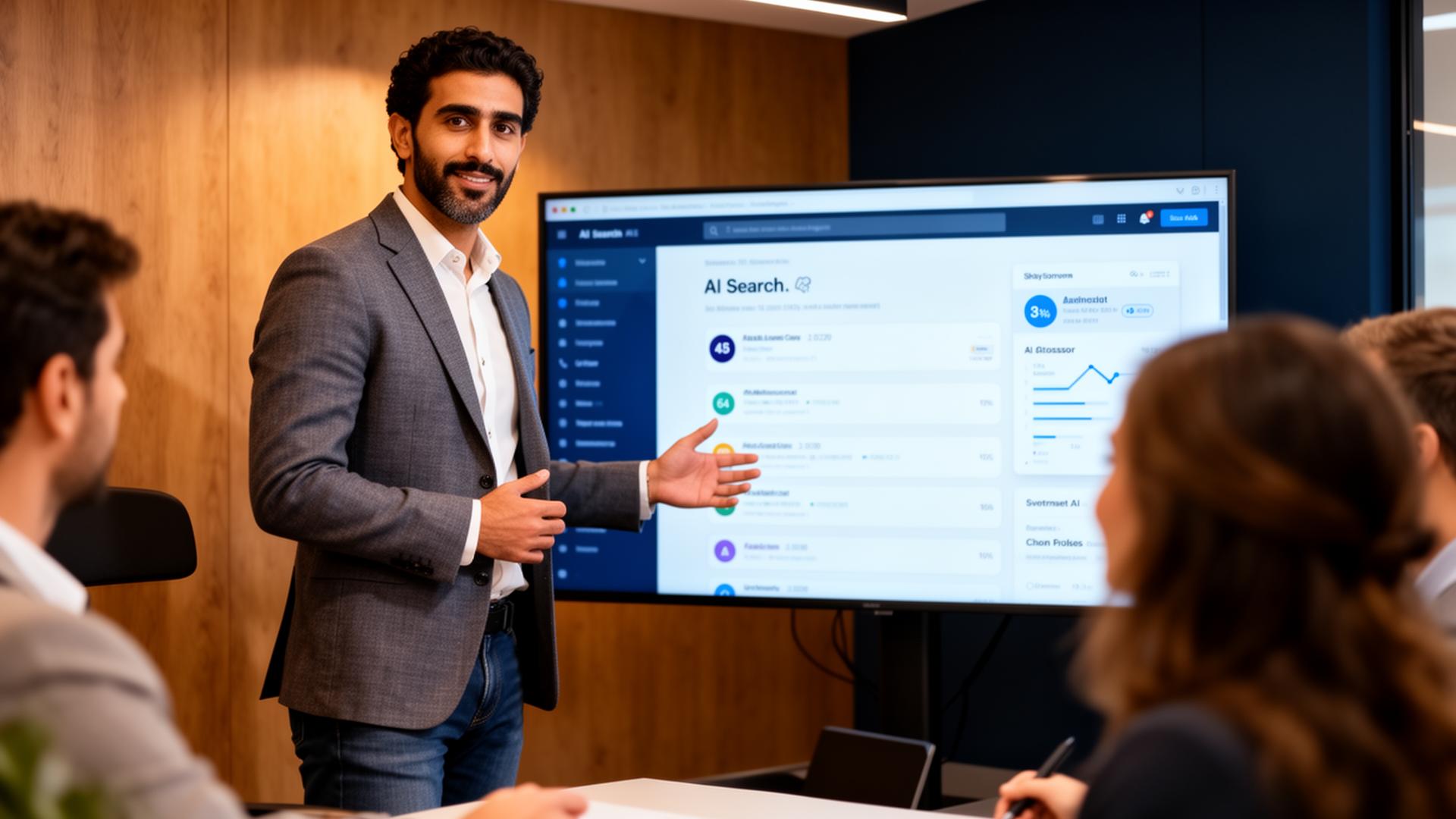 Senior SEONinja strategist presenting AI search visibility results and ChatGPT citation insights to a CMO during a quarterly business review