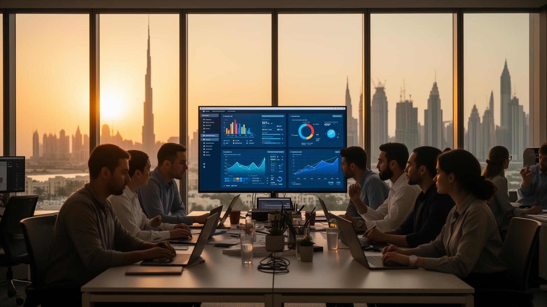 SEONinja's Business Bay studio at golden hour with the Dubai skyline and Burj Khalifa in the background
