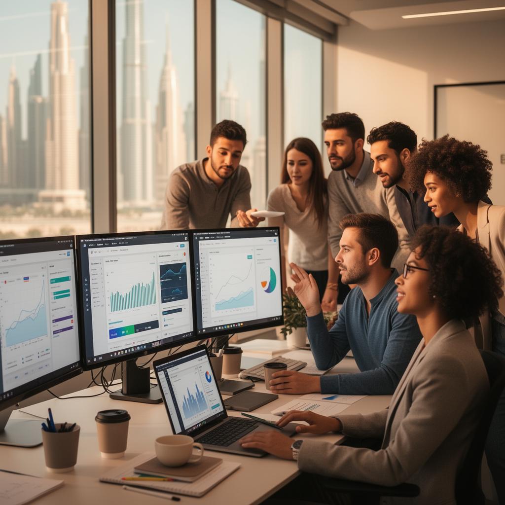 SEONinja's in-house AI SEO team reviewing ChatGPT, Gemini and Google Search visibility dashboards at the Dubai headquarters